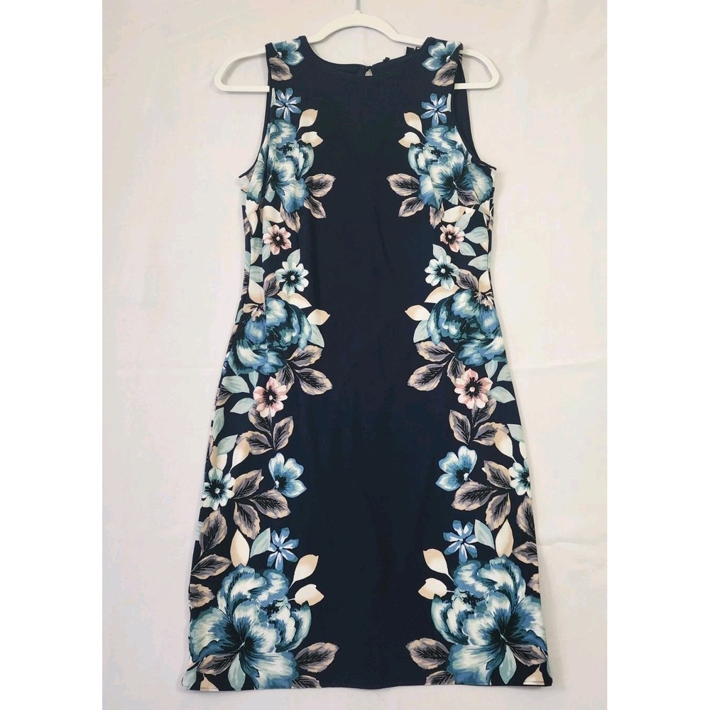 White House Black Market‎ Floral Sheath Dress Womens SP Navy Blue Sleeveless